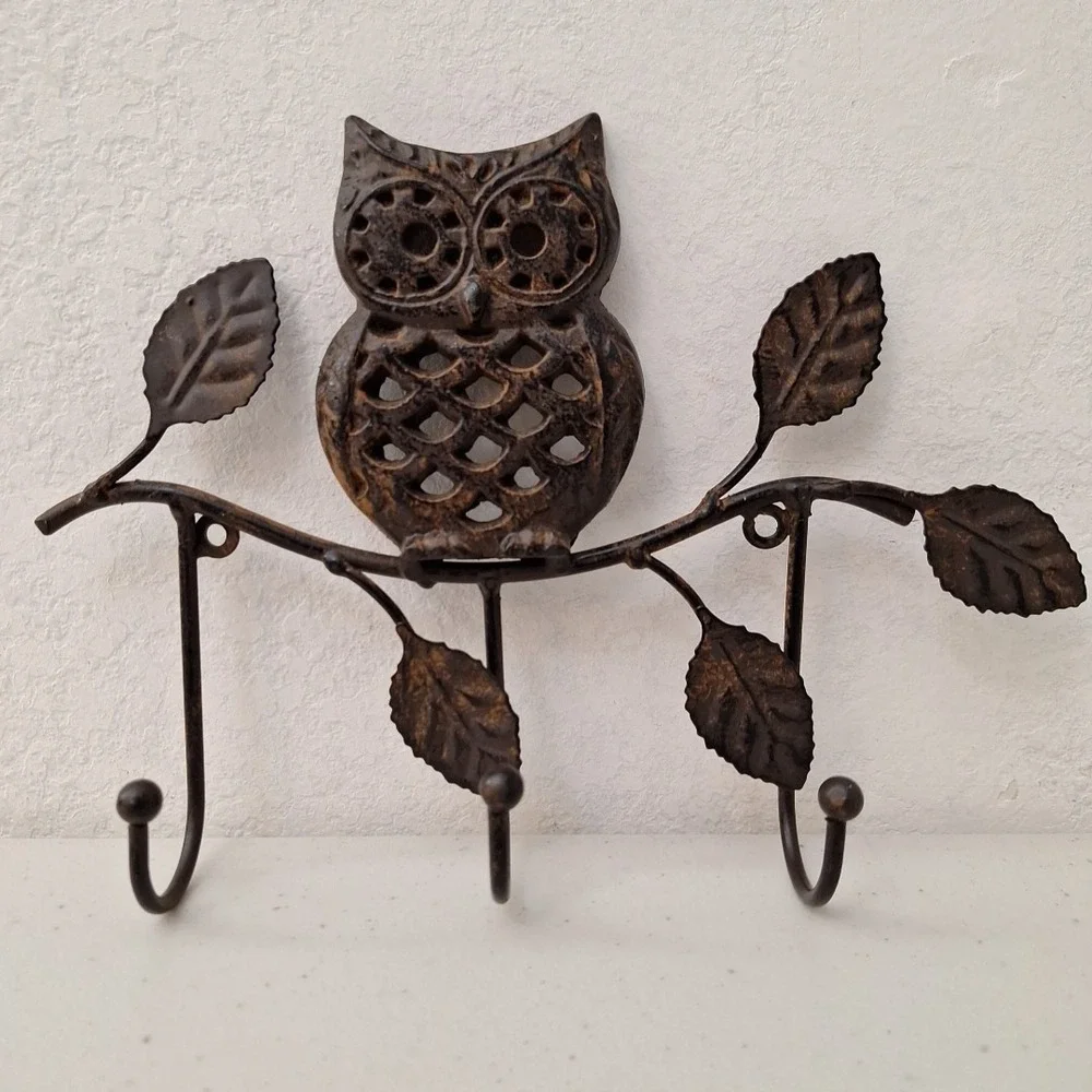 Vintage Cast Iron Bronze Finish Hollow Eye Owl Wall Mount 3 Hook Hanger 10